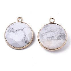 Howlite Natural Howlite Pendants, with Light Gold Plated Brass Edge, Half Round, Faceted, 25.5x21.5x5.5~6.5mm, Hole: 2.5mm