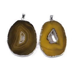 Goldenrod Natural Agate Big Pendants, Oval Charms, Dyed & Heated, with Platinum Plated Brass Findings, Goldenrod, 50~62x33~43x5~7mm, Hole: 7.5x4.5mm
