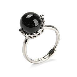 Обсидиан Круглые регулируемые кольца из натурального обсидиана, платиновое латунное кольцо, размер США 7 1/4 (17.5 мм)