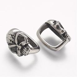 Antique Silver 304 Stainless Steel Slide Charms, Skull, Antique Silver, 15.5x10.6x13mm, Hole: 7x12mm