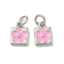 Pink Латунь эмаль подвески, квадратные и цветочные подвески, долговечный, стойки покрытие, без свинца и без кадмия, платина, розовые, 10x7x2 мм, Перейти кольцо: 5.5x1 мм, 3 мм внутренним диаметром