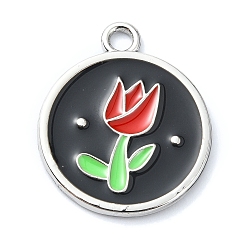 Плоский Круглый Стойки обшивки сплава эмали подвески, платина, цветочный шарм, плоско-круглые, 23x20x1.5 мм, отверстие : 2 мм