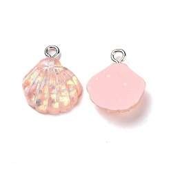 Pink Translucent Resin Pendants, with Sequins and Platinum Tone Iron Loops, Shell Charm, Pink, 18x15x5.5mm, Hole: 2mm