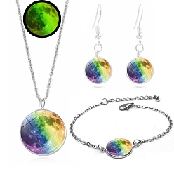 Colorful Alloy & Glass Moon Effect Luminous Jewerly Sets, Including Bracelets, Earring and Necklaces, Colorful