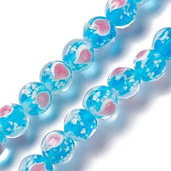 Deep Sky Blue Handmade Lampwork Beads Strand, Luminous, Glow in the Dark, Round with Heart, Deep Sky Blue, 10x9.5mm, Hole: 2mm, about 40pcs/strand, 14.76''(37.5cm)