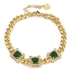 Зеленый Латунь микро проложить кубические циркониевые браслеты, со стеклом, реальный 18 k позолоченный, квадратный, зелёные, 7-1/8 дюйм (18.1 см)