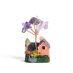 Amethyst Resin Display Decorations, Reiki Energy Stone Feng Shui Ornament, with Natural Amethyst Tree and Copper Wire, House, 29x20x50~55mm
