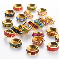Mixed Color Grade A Brass Rhinestone Beads, Basketball Wives Spacer Beads for Jewelry Making, Rondelle, Golden, Mixed Color, 10x4mm, Hole: 5mm