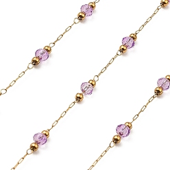 Medium Orchid Rondelle Glass Beaded Link Chains, with Golden 304 Stainless Steel Paperclip Chains, Soldered, with Spool, Medium Orchid, 3x2.5mm, 2mm, about 32.81 Feet(10m)/Roll