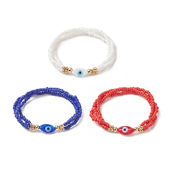Mixed Color 3Pcs 3 Color Evil Eye Lampwork & Glass Seed & Brass Beaded Triple Layer Multi-strand Bracelets Set for Women, Mixed Color, Inner Diameter: 2 inch(5.2cm), 1Pc/color