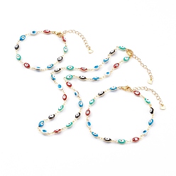 Colorful Handmade Evil Eye Enamel Brass Cable Chains Set, Necklaces & Bracelets & Anklet Set, with 304 Stainless Steel Lobster Claw Clasps, Golden, Colorful, 6.88 inch(17.5cm), 8.66 inch(22cm), 15.74 inch(40cm), 3pcs/Set