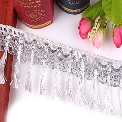 Silver Polyester Ribbon, with Tassels, Clothing Ornament, Silver, 2-1/8 inch(55mm)