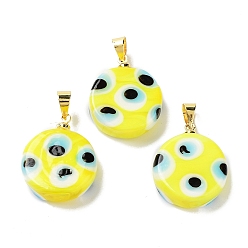 Yellow Handmade Evil Eye Lampwork Pendants, with Rack Plating Brass Findings, Long-Lasting Plated, Lead Free & Cadmium Free, Flat Round, Yellow, 19.5x16x6mm, Hole: 4.2x3.8mm