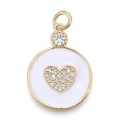 White Valentine's Day Brass Micro Pave Cubic Zirconia Pendants, with Enamel, Long-Lasting Plated, Real 18K Gold Plated, Flat Round with Heart, White, 22x16x2mm, Hole: 3mm