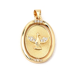 Real 16K Gold Plated Brass Micro Pave Clear Cubic Zirconia Pendants, Oval with Dove Charms, Real 16K Gold Plated, 25x17x2mm, Hole: 3.5X5mm
