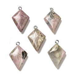 Rhodonite Natural Rhodonite Pendants, Kite Charms, with Stainless Steel Color Tone Stainless Steel Loops, 28x18x6~7mm, Hole: 2mm