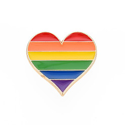 Colorful Alloy Pride Brooches, Enamel Pin, with Brass Butterfly Clutches, Rainbow Heart, Light Gold, Colorful, 23x25x2mm, Pin: 1mm