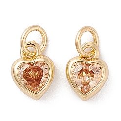 Light Salmon Brass inlaid Cubic Zirconia Pendants, with Jump Ring, Long-Lasting Plated, Heart, Real 18K Gold Plated, Light Salmon, 9.5x7x3mm, Hole: 3.6mm