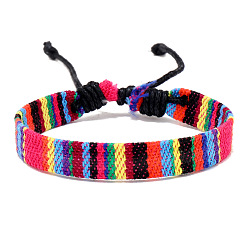 Colorful Cloth Rope Braided Flat Cord Bracelet, Ethnic Tribal Adjustable Bohemia Bracelet, Colorful, 7-1/8 inch(18cm)