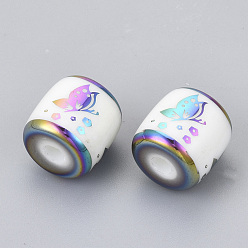 Multi-color Plated Electroplate Glass Beads, Column with Butterfly Pattern, Multi-color Plated, 11.5x11.5mm, Hole: 2.5mm