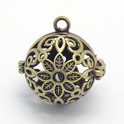 Brushed Antique Bronze Brass Rack Plating Cage Pendants, For Chime Ball Pendant Necklaces Making, Lead Free & Cadmium Free, Round with Flower, Brushed Antique Bronze, 24x24x20mm, Hole: 2.5mm, Inner: 17mm, Fit For 3mm Rhinestone