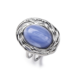 Синий Кружевый Агат Овальные синтетические синие кружевные агаты, 304 из нержавеющей стали Манжета кольца для женщин, цвет нержавеющей стали, овальный : 22x17.5 mm, регулируемый