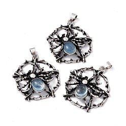 Aquamarine Natural Aquamarine Pendants, Flat Round with Spider Charms, with Antique Silver Color Brass Findings, 37~38x34~35x9mm, Hole: 5x4mm