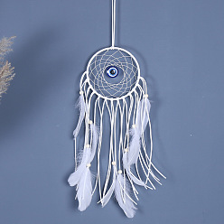 White Cotton and linen Woven Net/Web with Feather Wall Hanging Decoration, Glass Evil Eye and Wooden Bead Pendant Decorations, White, 400x130mm