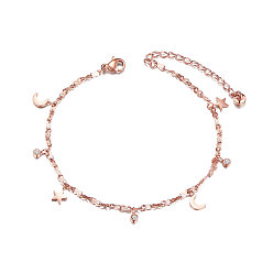 Rose Gold SHEGRACE Stunning Titanium Steel Anklet, with Moon and Star, Rose Gold, 200mm