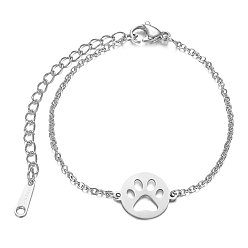 Stainless Steel Color 201 Stainless Steel Link Bracelets, with Cable Chains and Lobster Claw Clasps, Flat Round with Dog Paw Prints, Stainless Steel Color, 6-1/8 inch~6-7/8 inch(15.5~17.5cm), 1.5mm