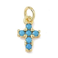 Светло-Голубой Латунные микро проложить кубического циркония подвески, крест прелести, без свинца и без кадмия, стойки покрытие, долговечный, реальный 18 k позолоченный, Небесно-голубой, 12x7.5x2.5 мм, Перейти кольцо: 5x0.9 мм, 3.2 мм внутренним диаметром