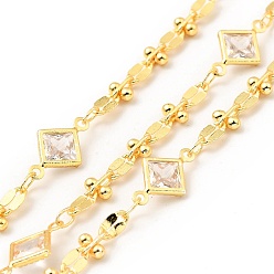 Real 18K Gold Plated Handmade Clear Cubic Zirconia Rhombus Link Chains, with Brass Dapped Chains, Lead Free & Cadmium Free, Soldered, with Spool, Real 18K Gold Plated, 12.5x7.5x2.5mm, 35x4x2mm