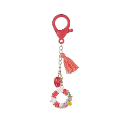 Red Handmade Loom Pattern Seed Beads Pendant Decorations, with Lampwork Strawberry and Tassel Charms, Lobster Claw Clasp, Wreath, Red, 111mm