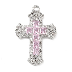 Pink Латунные микро проложить кубического циркония подвески, долговечный, без кадмия и без свинца, крест очарование, платина, розовые, 23x16x2.5 мм, отверстие : 1.4 мм