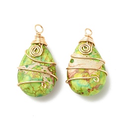 Golden Natural Imperial Jasper Pendants, with Eco-Friendly Copper Wire Wrapped, Dyed, Teardrop, Golden, 37.5~38.5x20.5~21x11.5mm, Hole: 3.7mm