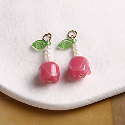 Светло-Вишневый Подвески из смолы, роза, с акриловыми бусинами и золотистой петлей, светло-вишневый, 30x10 мм