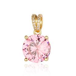 Pink Brass Micro Pave Pink Cubic Zirconia Pendants, Flat Round Charms, Real 18K Gold Plated, 24x14x9mm
