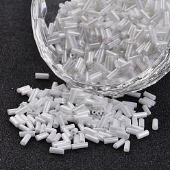 White Transparent Colours Pearl Luster Plated Round Hole Glass Bugle Beads, White, 2~5x1.8~2mm, Hole: 0.8mm, about 12000pcs/450g