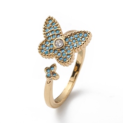 Deep Sky Blue Rack Plating Brass Micro Pave Cubic Zirconia Rings, Long-Lasting Plated, Cadmium Free & Lead Free, Real 18K Gold Plated, Butterfly Cuff Ring for Women, Deep Sky Blue, 2mm, Inner Diameter: 16mm