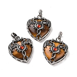 Tiger Eye Natural Tiger Eye Pendants, Heart Charms, with Rack Plating Antique Silver Tone Hyacinth Rhinestone Dragon Wing Findings, 36.5~37.5x32~32.5x9.5~10.5mm, Hole: 8.5x5.5mm