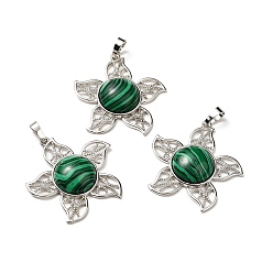 Malachite Synthetic Malachite Pendants, Flower Charms, with Rack Plating Platinum Tone Brass Findings, Cadmium Free & Lead Free, 38x37x7~7.5mm, Hole: 8x5mm