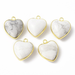 Howlite Natural Howlite Pendants, with Golden Plated Brass Findings, Heart Charms, 18~19x15~17x7~10mm, Hole: 2mm