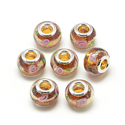 Sienna Handmade Gold Sand Lampwork European Beads, with Brass Double Cores, Large Hole Beads, Rondelle, Platinum, Sienna, 13.5~14.5x10.5~11mm, Hole: 5mm