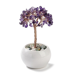Amethyst Natural Amethyst Chips Tree Decorations, Ceramic Bowl Base Copper Wire Feng Shui Energy Stone Gift for Home Desktop Decoration, 65~68x130~135mm
