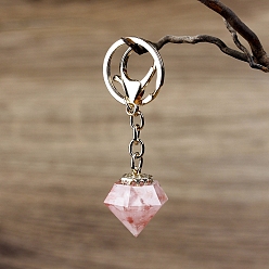 Rose Quartz Natural Rose Quartz & Watermelon Stone Glass Chips Inside Resin Diamond Keychain, Pendant: 3x2.5cm