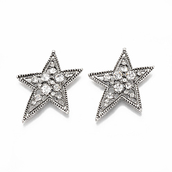 Antique Silver Alloy Flat Back Cabochons, with Rhinestone, Star, Crystal, Antique Silver, 37x30.5x4.5mm