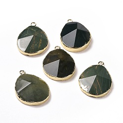 Green Aventurine Natural Green Aventurine Pendants, with Brass Findings, Faceted, Drop, Golden, 31~35x20~25x7~9mm, Hole: 2.5mm