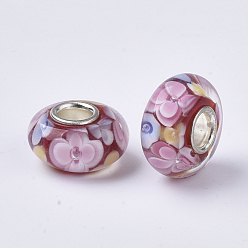 Coloré Perles européennes en lampwork faits à la main, fleur intérieure, Perles avec un grand trou   , avec noyaux simples en laiton plaqué couleur argent, rondelle, colorées, 14x7.5mm, Trou: 4mm