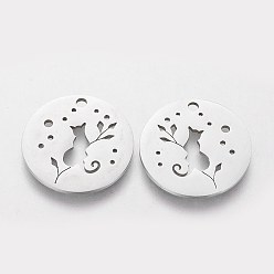 Stainless Steel Color 201 Stainless Steel Kitten Pendants, Flat Round with Cat & Branch, Stainless Steel Color, 20x1mm, Hole: 1.5mm