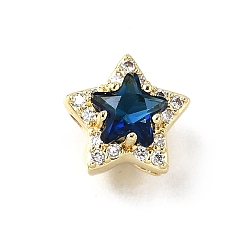 Морской Синий Латунные микро проложить кубического циркония бусы, звезда, с кристаллическим цирконием, реальный 18 k позолоченный, камень сентября, Marine Blue, 10x10x7.5 мм, отверстие : 2x2 мм